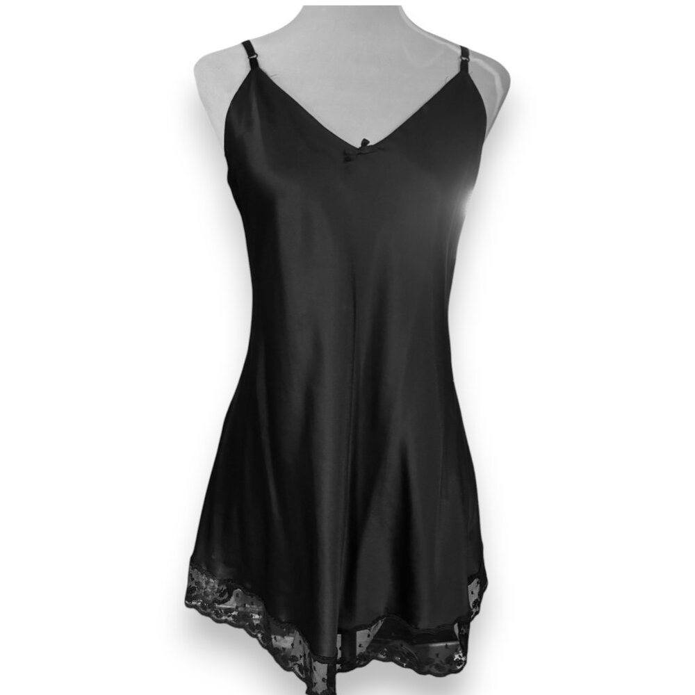 Cacique Paris Vintage satin lace black full slip chemise nightie lingerie sz S